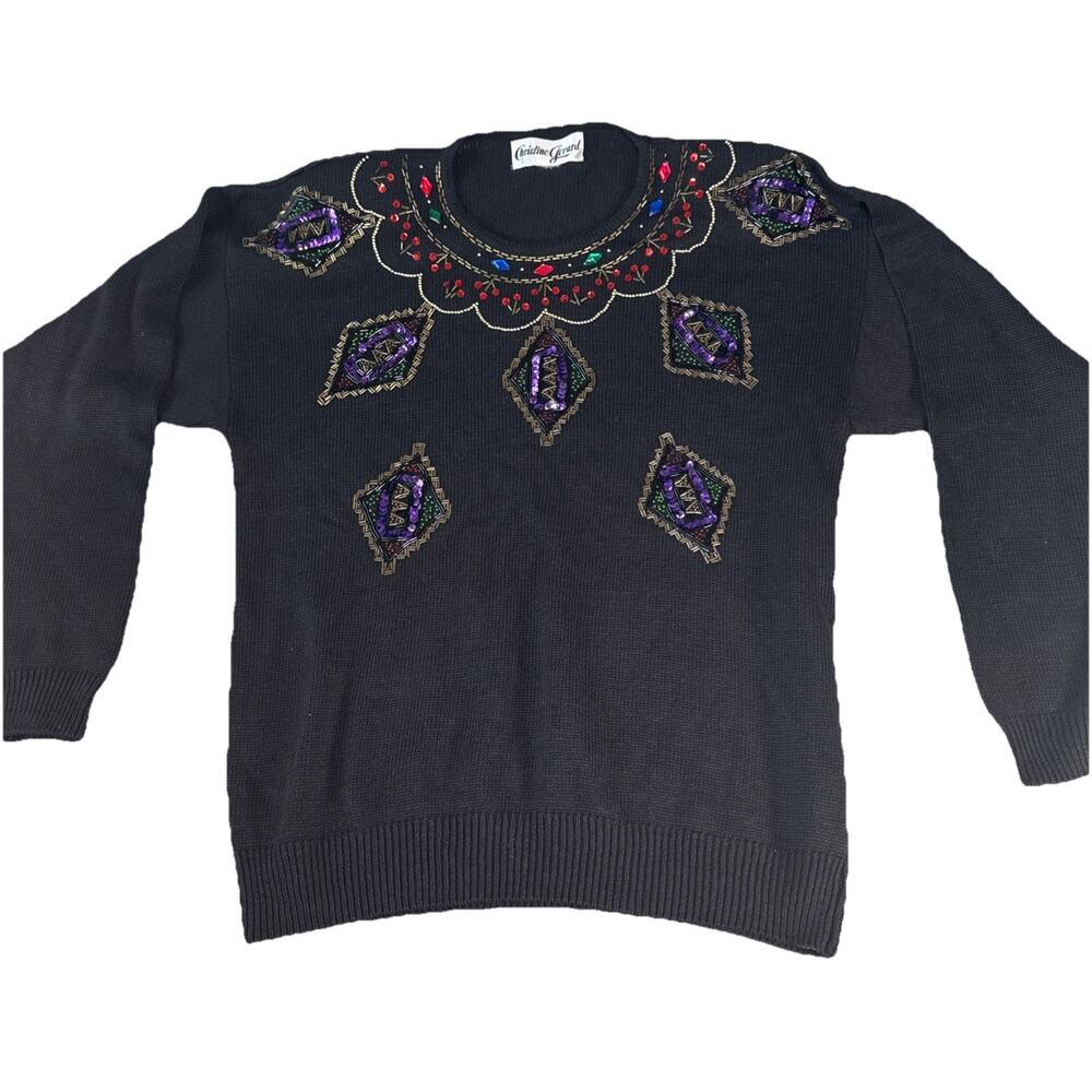 Vtg Christine Gerard 80/90s Black Rainbow Beaded Sequin Sweater SZ Large/XLarge